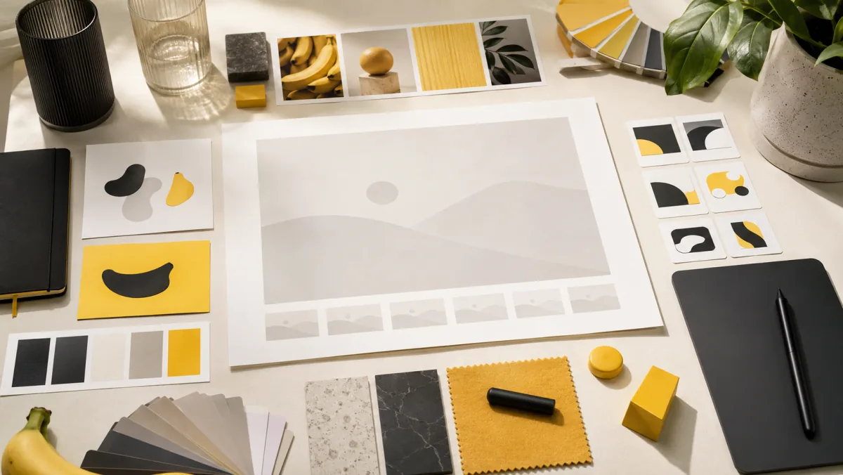 Nano Banana AI image generator brand design workflow with moodboard cards and color palettes