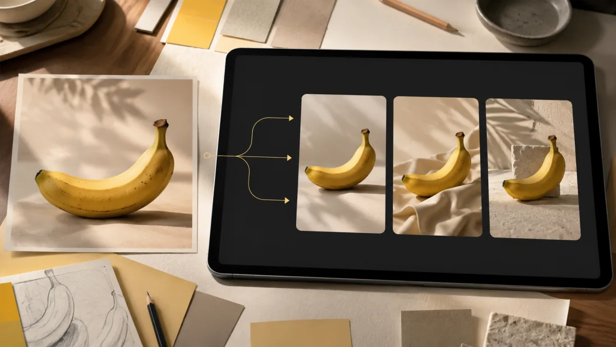Nano Banana AI image to image feature showing one reference photo transformed into multiple visual variations