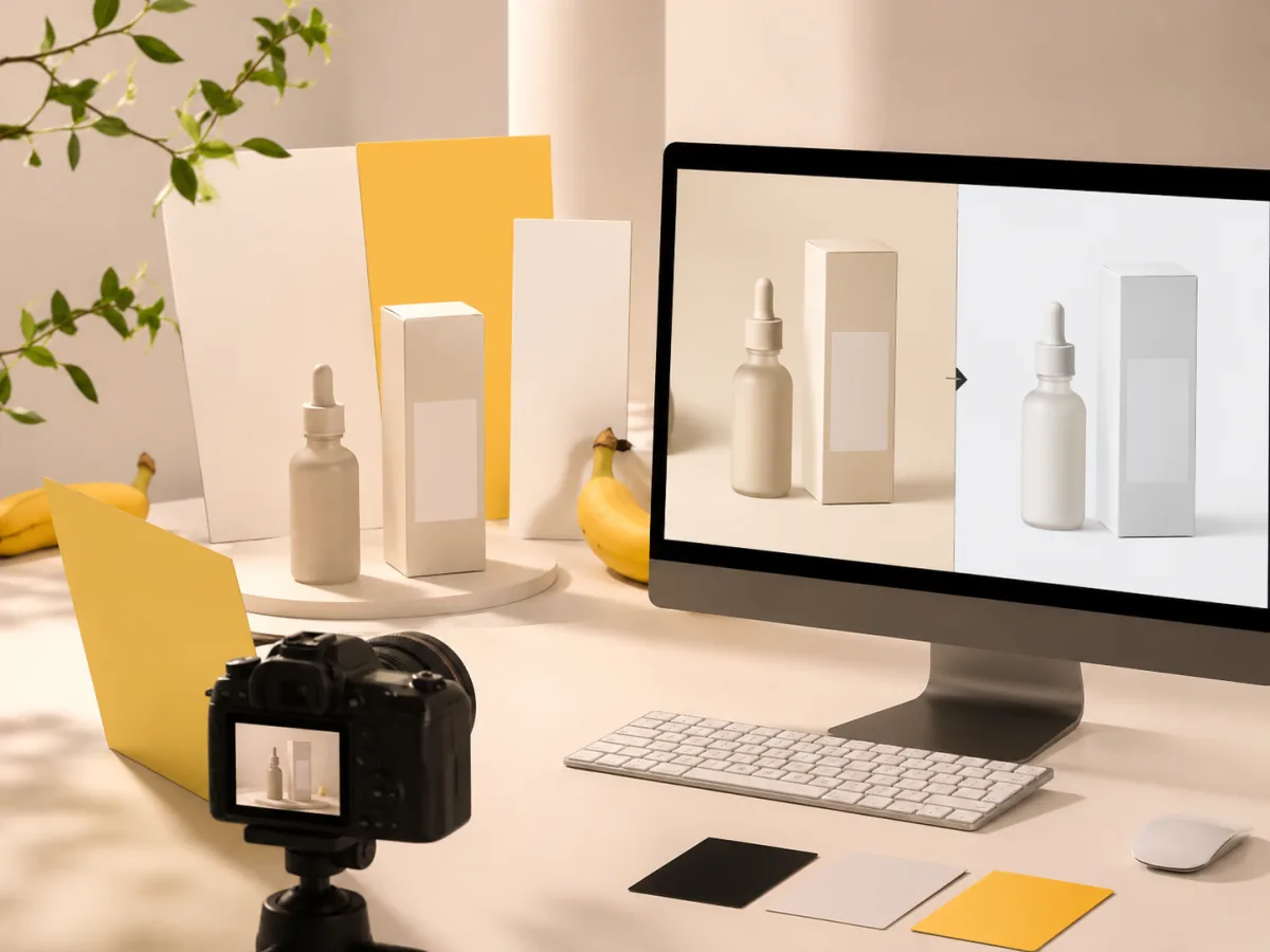 Nano Banana AI image generator ecommerce product photo workflow with clean before and after concepts