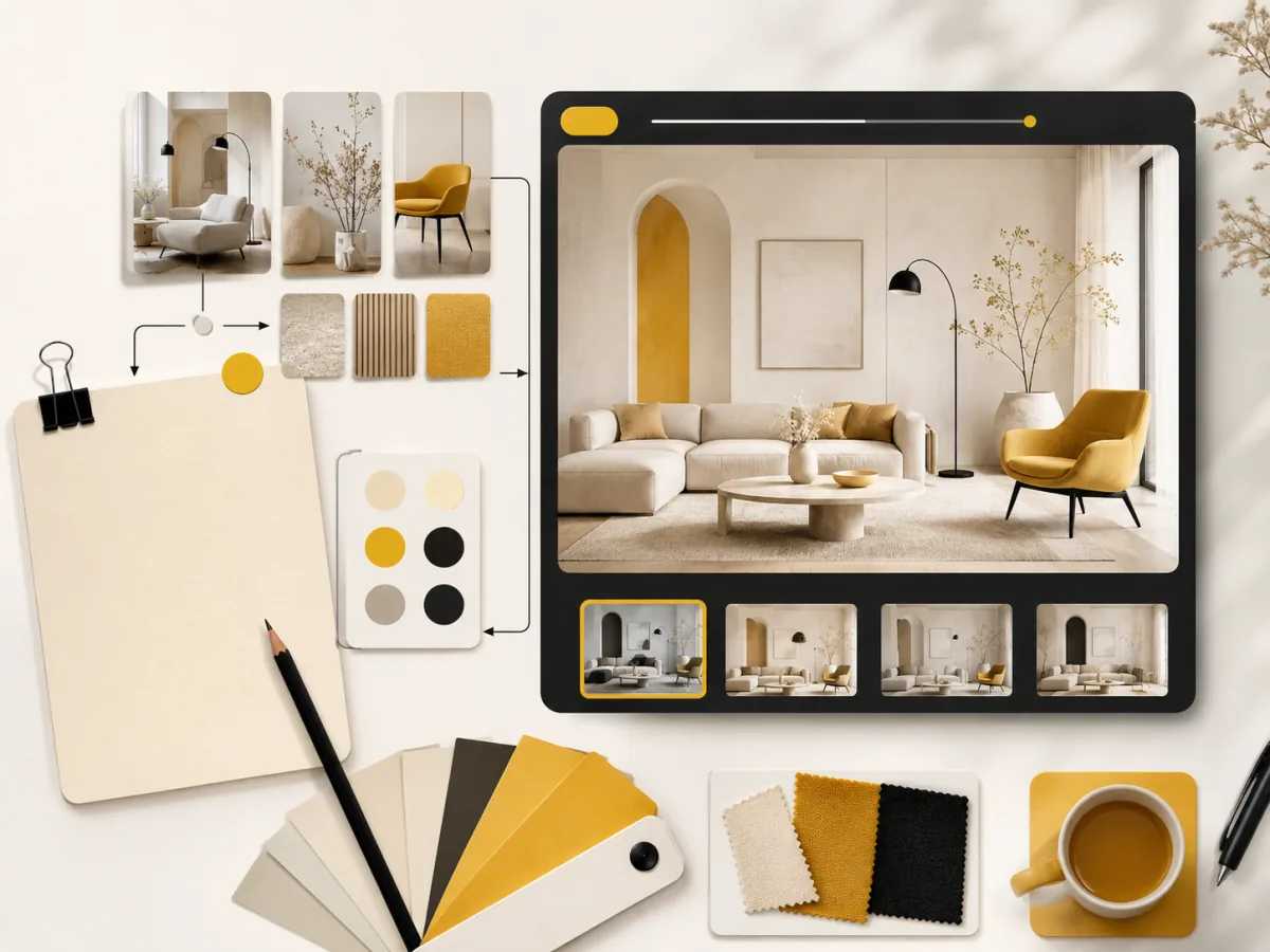 Nano Banana prompt brief workflow with reference images, palette swatches, and generated image previews