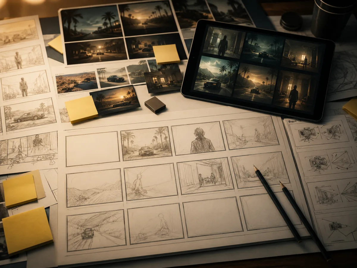 Nano Banana AI image generator storyboard workflow with scene drafts and visual reference panels