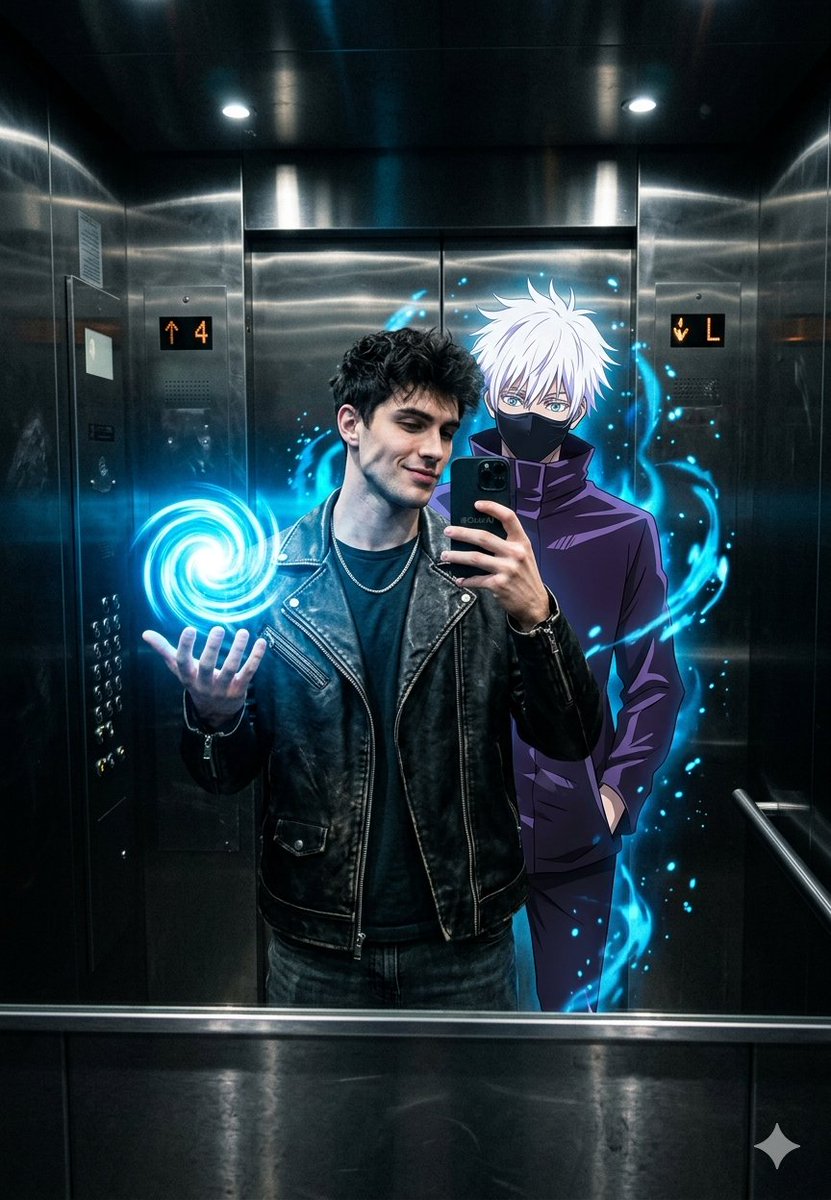 Nano Banana AI image generator example: Anime elevator mirror selfie (Avatar)
