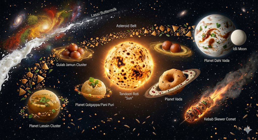 Nano Banana AI image generator example: Cosmic street food system (Infographic)