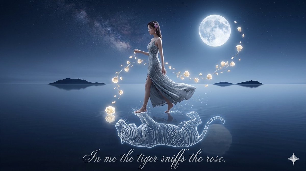Nano Banana AI image generator example: Spirit-tiger water walk (Storyboard)