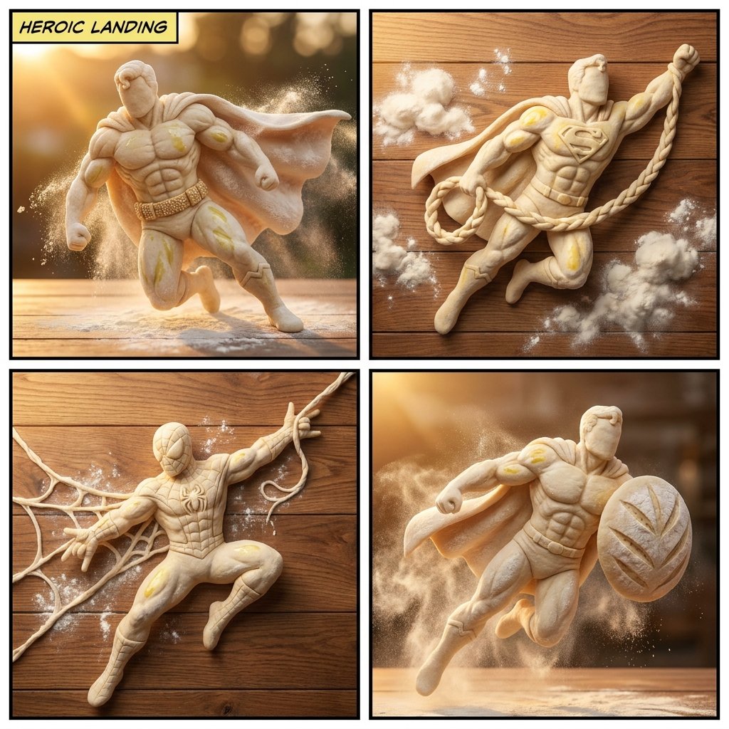 Nano Banana AI image generator example: Bread dough superheroes (Storyboard)