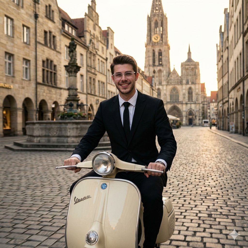 Nano Banana AI image generator example: Vintage scooter ride (E-commerce)