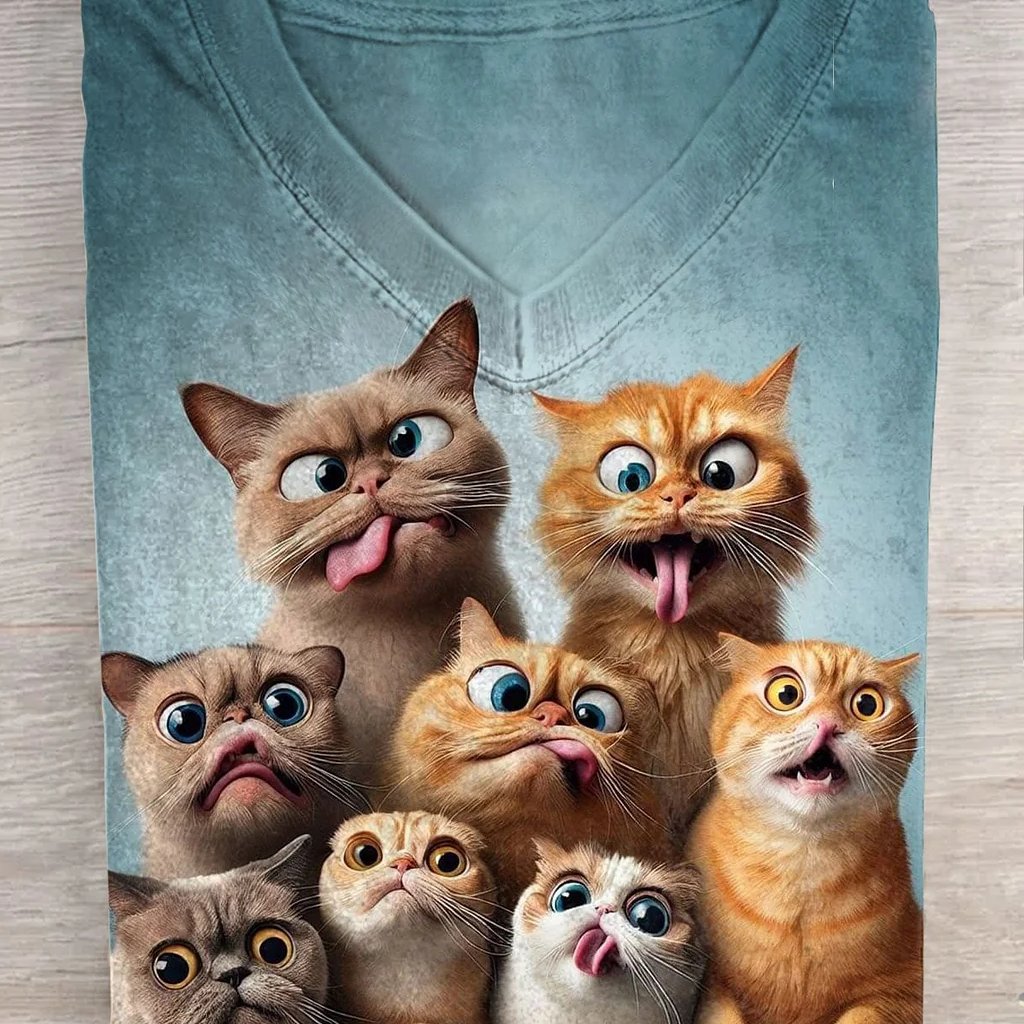 Nano Banana AI image generator example: Cat group T-shirt mockup (E-commerce)