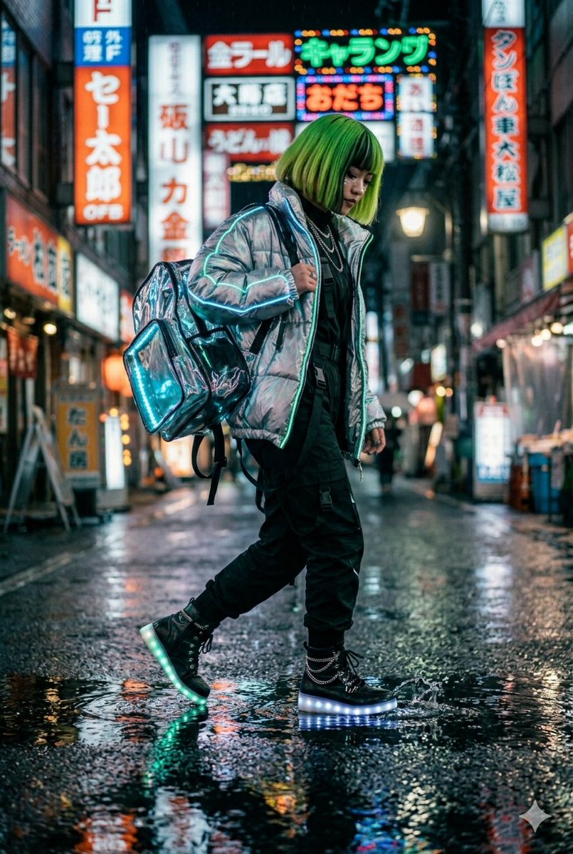 Nano Banana AI image generator example: Cyberpunk techwear shot (Game)