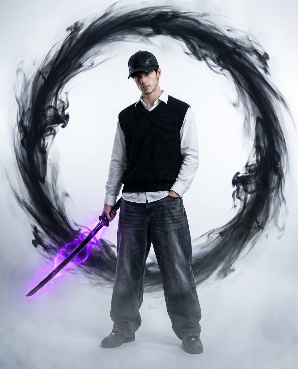 Nano Banana AI image generator example: Vortex katana warrior (Game)